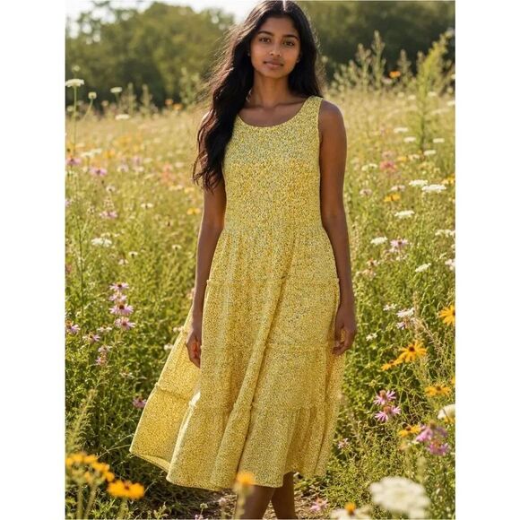 Liz Claiborne Dresses & Skirts - Y2K Liz Claiborne Yellow White Tulip Floral Print Tiered Ruffle Midi Dress Sz 6